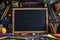 School essentials writing board and stationery on black background