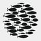 School of fish. A group of silhouette fish swim in a circle. Marine life. Vector illustration. Tattoo. Logo fishes.