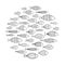 School of fish. A group of stylized fish swimming in a circle. Black and white fish for children with ornaments. Marine