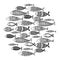 School of fish. A group of stylized fish swimming in a circle. Black and white fish for children with ornaments. Marine