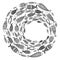 School of fish. A group of stylized fish swimming in a circle. Black and white fish for children with ornaments. Marine