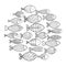 School of fish. A group of stylized fish swimming in a circle. Black and white fish for children with ornaments. Marine