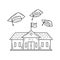 School with flying graduation caps vector illustration, linear style pictogram Element