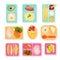School food top view. Lunch boxes for children sort cases for products drinks snacks pizza fruits and vegetables vector