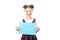 School girl holding blank paper