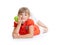 School girl portrait eating green apple isolated