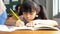 School girl sitting in school writing in book with pencil, studying, education, learning. Asian children in the class