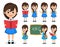 School girl student vector character set. Back to school kid cartoon character wearing uniform