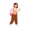 School girl walk with schoolbag and book. Happy child with backpack going, greeting smb with hi gesture. Pupil kid and textbook.