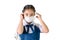 School Girl wearing mouth mask against air smog pollution on white background with clipping path