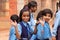 School girls visiting Humayun\'s Tomb complex in Delhi, India