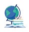 School globe and books. Back to school concept. Classroom earth model on stand. Sphere map of continent and ocean. Geography