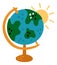 School globe. Educational Earth model. Planet with continents and oceans. Animal students study geography. World