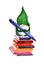 School gnome - pen in hands on stack of books. Watercolor illustration for education design