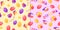 School holidays and graduation seamless pattern. Red and purple balloons with kites yellow backpacks with book.