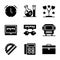 School icon set include clock,laboratory,lamp,mathematics,glasses,bus,ruler,calculator,suitcase