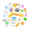 School  icons on white background. Cute learning illustrations for kids with different objects