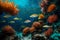 A school of iridescent fish swimming amidst the intricate coral formations of a deep-sea reef, a kaleidoscope of life beneath the