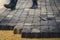 School janitor builds a brick pathway in school, Selective focus