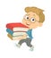 School kid. Back to school. Happy boy carries stack of books, little pupil with educational supplies, little funny