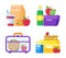 School kid lunch box. Healthy and nutritional food, bottle or cup of drink. Sandwich and snacks packed in plastic