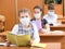 School kids with protection mask against flu virus