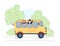 School kids riding school bus. Delivery of children by school bus. Boy and girl waving hands from bus vector