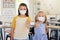 School kids, thumbs up and healthy students wearing masks in a classroom protecting against covid. Portrait of cute