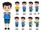 School kids vector characters set. Young student boy wearing school uniform and backpack in various standing posses