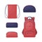 A school kit consisting of red and blue school bags, such as a kra backpack, a rectangular and round pencil case for