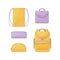 A school kit consisting of yellow and lilac school bags, such as a backpack, a rectangular and round pencil case for