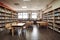 school library, with shelves full of books and students finding the perfect book for their next study session