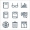 school line icons. linear set. quality vector line set such as lockers, trash bin, globe, talk, book, book, chart, spectacle