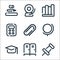 school line icons. linear set. quality vector line set such as push pin, locker, mortarboard, globe, paperclip, calculator, books