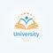 School logo. Open book and student silhouette. Knowledge and education symbol. University, Library and bookstore