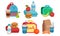 School Lunch Boxes Collection, Snacks Bags with Food for Kids Vector Illustration