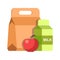 School lunch meal box breakfast container and milk pack vector flat icon