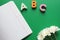 School notebook next to the letters ABC and white chrysanthemums on a green background