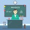 School physics teacher in audience. Vector flat education concept