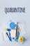 School Quarantine global pandemic corona virus covid-19 to school, tools, notebook medicine mask pencil on blue background,