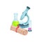 School related items. Microscope, flasks with liquids and rolled paper. Laboratory equipment. Chemistry and biology
