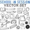 School in Session Vector Set with school supplies, pencils, pens, paintbrush, science, gears, bell, scissors, and other supplies