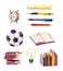 School set - books, football ball, alarm clocks, light bulb, open notepad, pen, pencils. Watercolor collection of