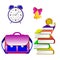 School set, briefcase, book, alarm clock, bell, apple on a white background.