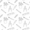School simple seamless pattern with stationery, office supplies, compasses, ruler, pen, pencil, brush. Black and white background