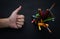 School Stationary in Basket and Thumb up Hand on Blackboard