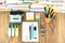 School stationery accessories - notebook, copybook stack with plastic holder pencils, pens, markers, paper clips, stickers,