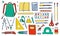 School stationery. Hand drawn outline color doodle sketch vector objects set with writing and drawing materials