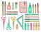 School sticker set. School accessories. Stationery on a white isolated background. Scissors, triangle ruler, pencils, pens and