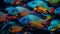 School of striped clown fish in vibrant coral reef background generated by AI